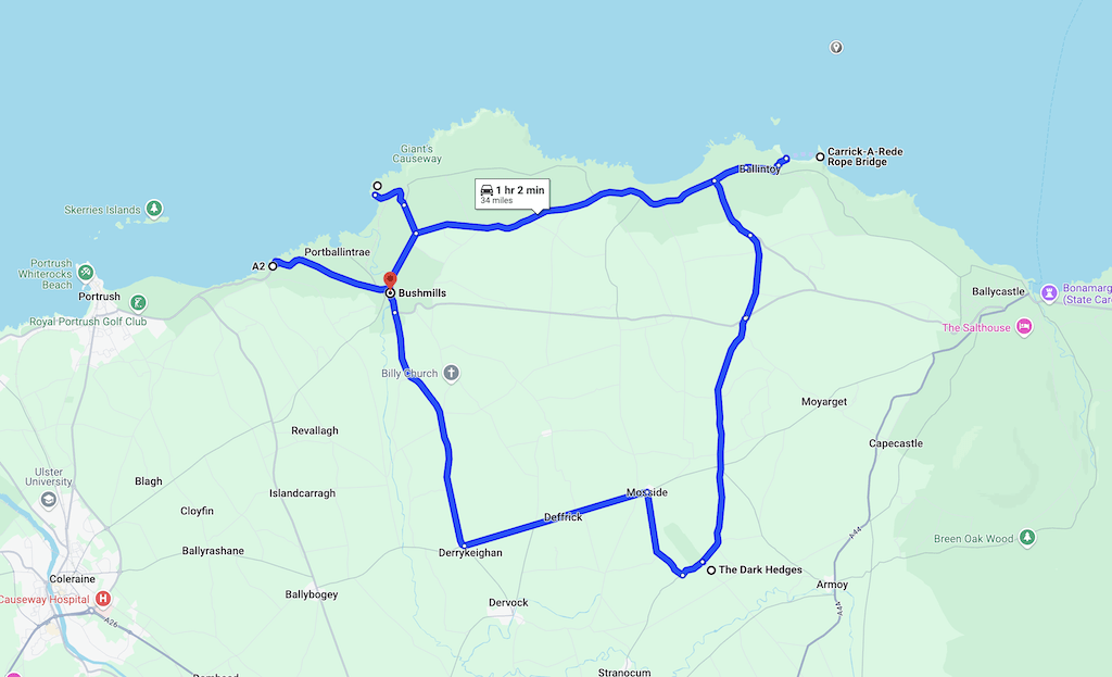 map of Bushmills and sites to see around it